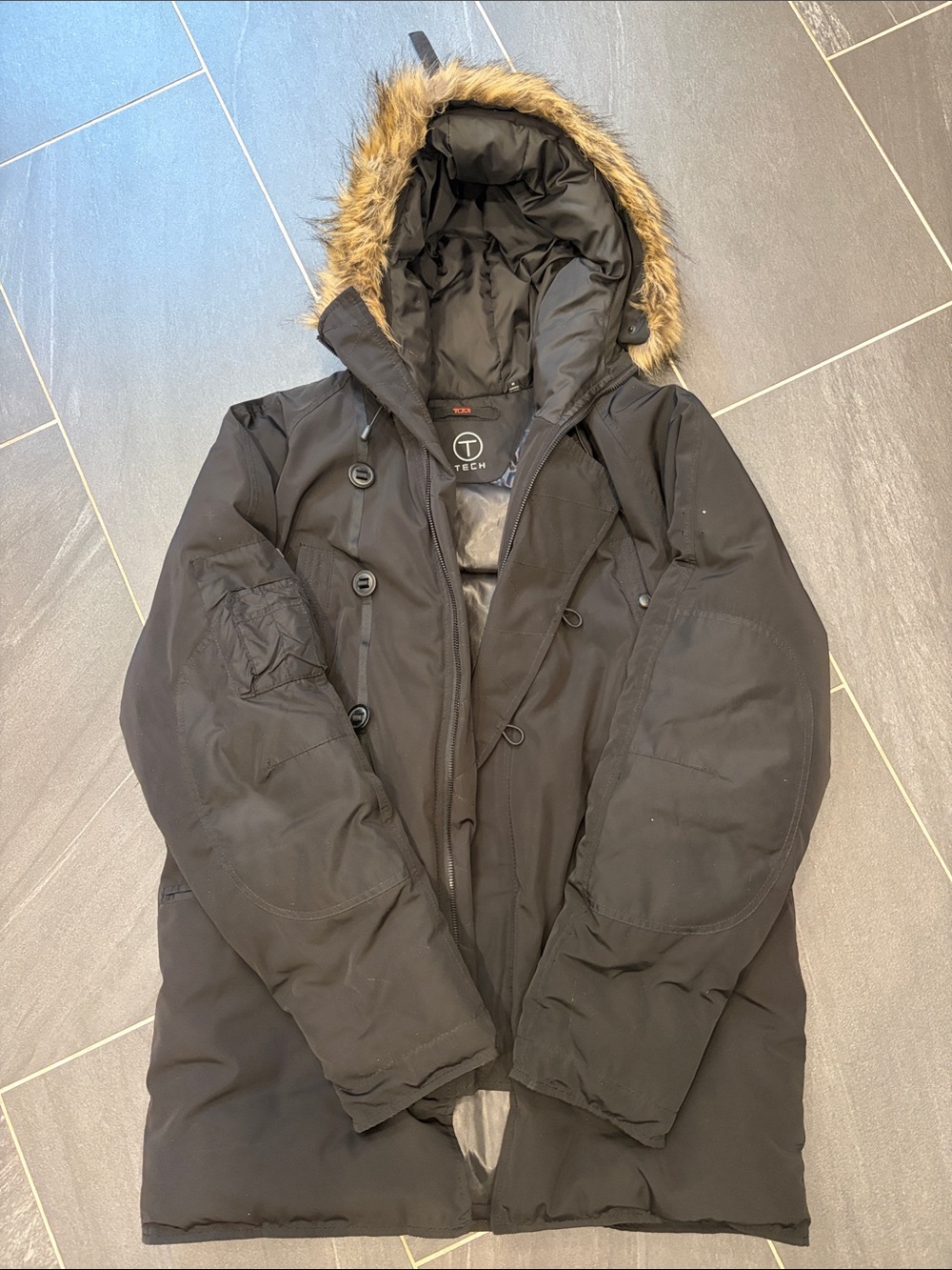 Tumi Black Hooded Puffer Jacket with Faux-Fur Trim